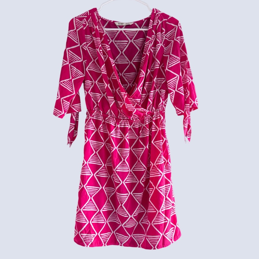 Old Navy Pink & White Geometric Print Wrap Mini Dress Women's Size XS